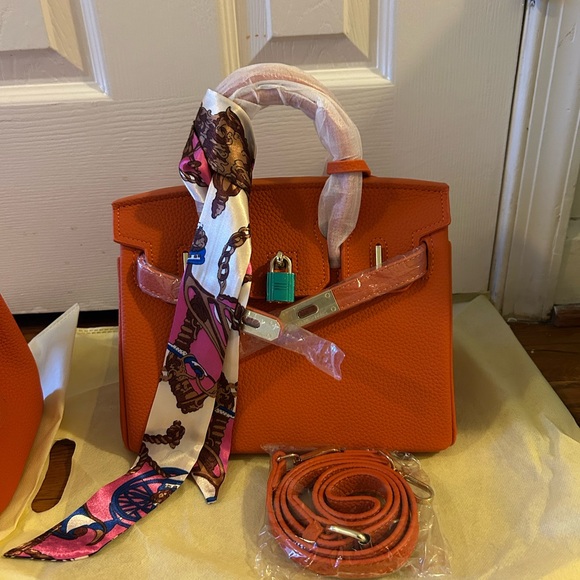 heremes Handbags - Elegant Orange Shoulder Bag with Scarf Accent